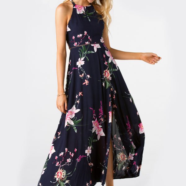 Navy Side Split Back Lace-up Random Floral Print Sleeveless Dress 2
