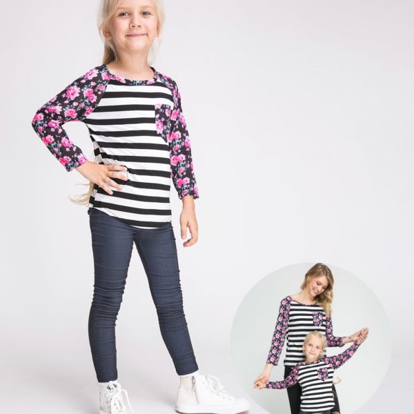 Floral Striped Print Mom and Daughter Matching T-Shirts - Daughter 2