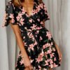 Belted Random Floral Print Wrap Design Ruffle V-neck Short Sleeves Dress 3