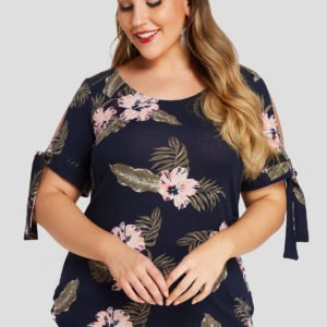 YOINS Plus Size Navy Floral Print Cold Shoulder Tie-up at cuffs Tee