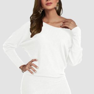 White One Shoulder Dolman Sleeve Knitted Dress