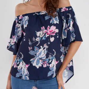 Navy Random Floral Print Off Shoulder Irregular Hem Blouse