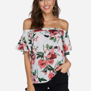 White Floral Print Off The Shoulder Short Sleeves Blouse