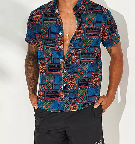 Men Patchwork Printing Cotton Breathable Short Sleeve Loose National Style Casual Shirt 2