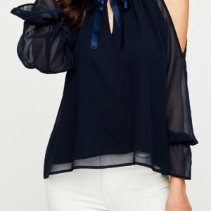 YOINS Navy Bowknot Cold Shoulder Long Sleeves Blouse