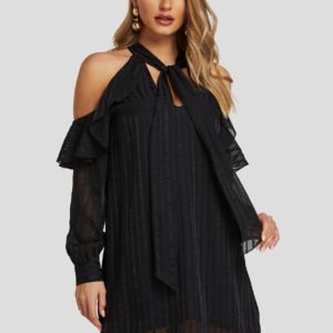 Black Cold Shoulder Design Halter Long Sleeves Mini Dress