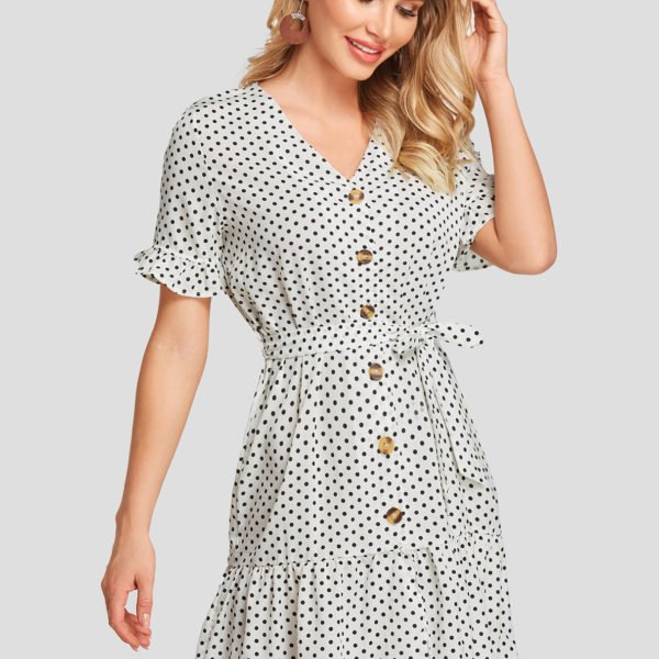 White Polka Dot Print V-neck Self-tie Design Chiffon Dress 2