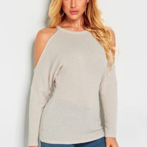Beige Cut Out Details Cold Shoulder Desgin Long Sleeves T-shirt