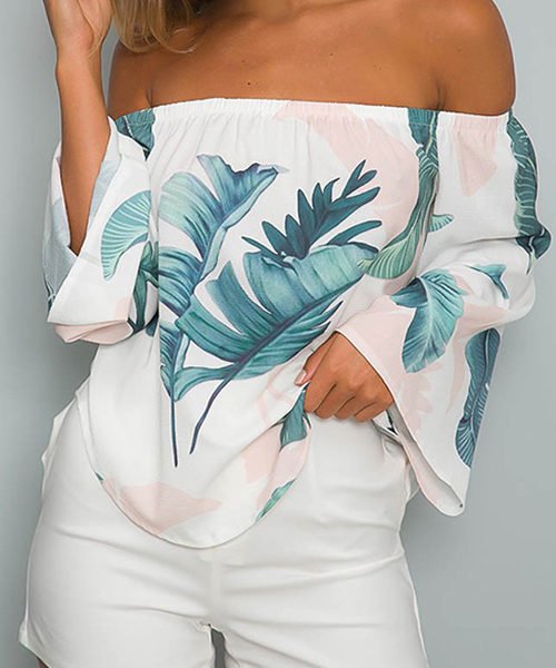 White Off-The-Shoulder Floral Print Flared Sleeved Top with Tie 2