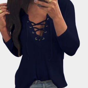 V Neck Lace Up Front Loose T-shirt in Navy