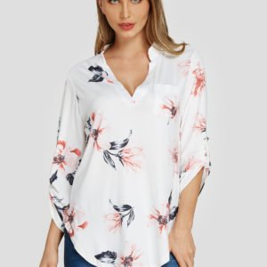 White Random Floral Print V-neck Adjustable Length Sleeves Blouse