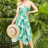 Green Tropical Floral Print V-neck Sleeveless Irregular Hem Maxi Dress 3