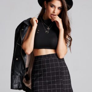 Black Check Zip Design Middle Waisted Skirt