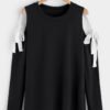 Black Lace-up Design Cold Shoulder Long Sleeves T-shirts 3