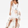 White Random Floral Print Backless Design Halter Dress with High-low Hem 3