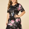YOINS Plus Size Black Floral Print V-neck Lace Trim Dress 3