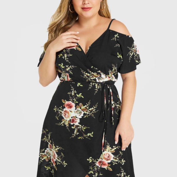YOINS Plus Size Black Random Floral Print Cold Shoulder Wrap Dress 2