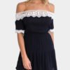 Sweet Off-The-Shoulder with White Lace Trim Mini Dress in Navy 3