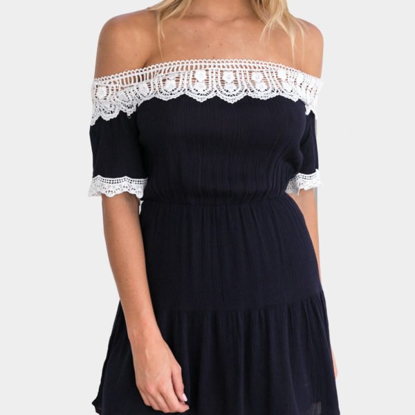 Sweet Off-The-Shoulder with White Lace Trim Mini Dress in Navy 2
