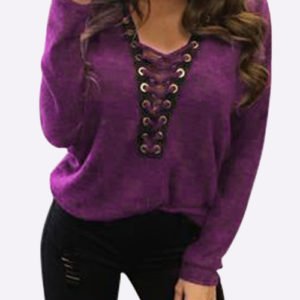 Sexy Deep V-neck Lace-up Front Casual T-shirts in Fuchsia