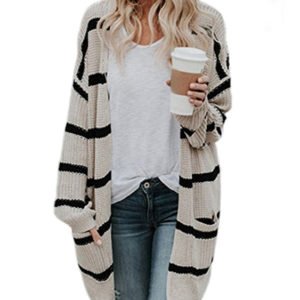 Apricot Stripe Open Front Pockets Knit Cardigan