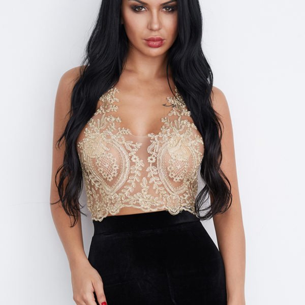 Gold Sexy Gold Thread Embroidery Hollow Out Lace Crop Top 2
