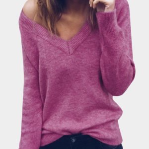 Plum V-neck Long Sleeves Bodycon Hem Casual Sweater