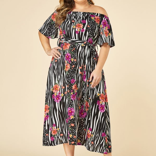 YOINS Plus Size Black Zebra Floral Print Off The Shoulder Dress 2