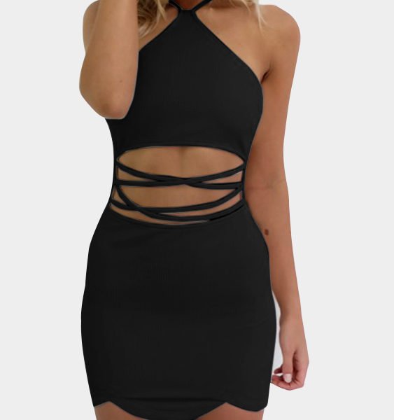 Black Sexy Halter Neck & Cutout Waist Mini Dress 2