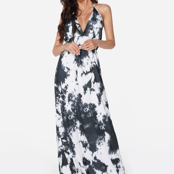 Black Random Floral Print Backless Design Halter V-neck Sleeveless Maxi Dress 2