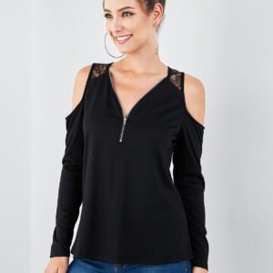 YOINS Black Cold Shoulder Zip Front Lace Knit Tee