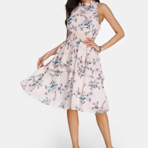 Light Pink Flared Design Vacation Floral Dress