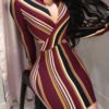 YOINS Red Cut Out Striped High Neck Long Sleeves Dress 3