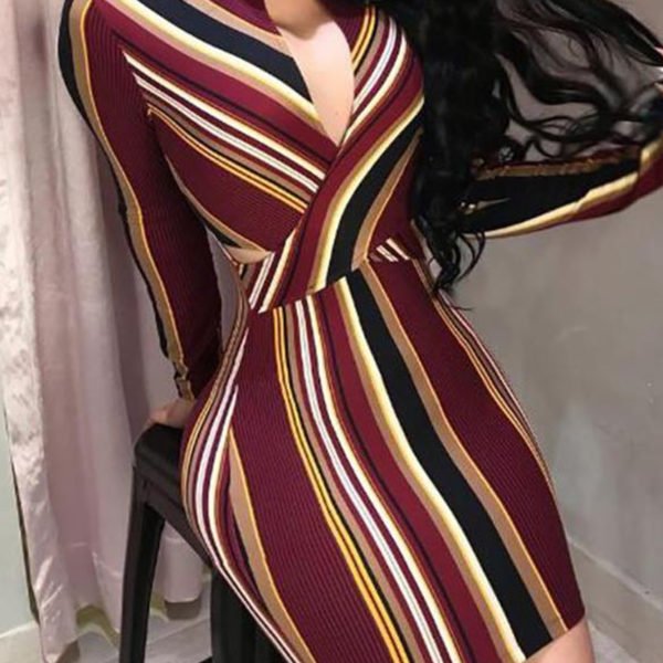 YOINS Red Cut Out Striped High Neck Long Sleeves Dress 2
