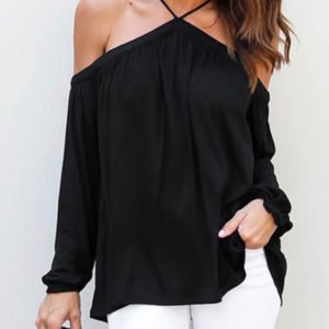 Black Sexy Halter Neck Long Sleeves Blouse