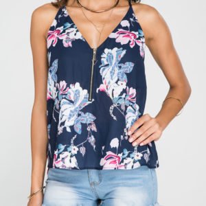 Navy Zip Design Floral Print V-neck Sleeveless Camis