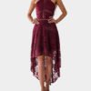 Burgundy Hollow Design Halter Irregular Hem Dress 3