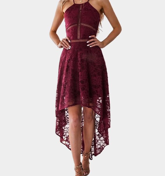 Burgundy Hollow Design Halter Irregular Hem Dress 2
