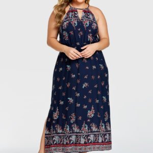 YOINS Plus Size Navy Slit Design Tribe Print Halter Sleeveless Dress