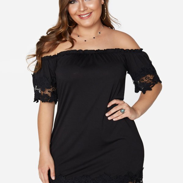 Plus Size Black Lace Details Plain Off The Shoulder Dress 2