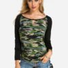Green Cut Out Camouflage Round Neck Long Sleeves T-shirt 3