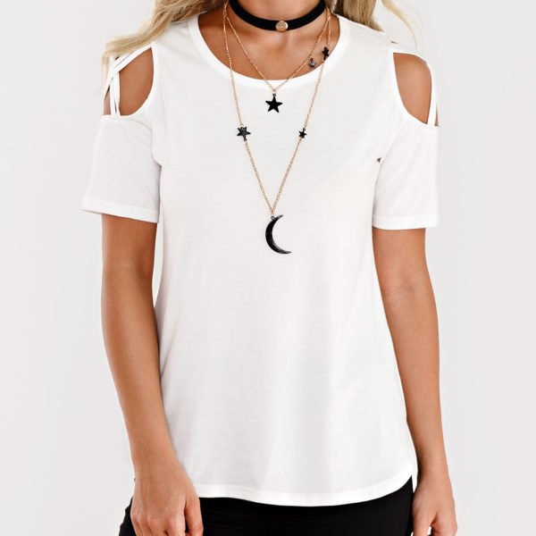 White Cut Out Shoulder Short Sleeves T-shirt 2