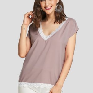 Pink Lace Details Plain V-neck Short Sleeves Tee