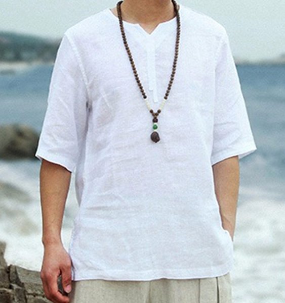 Men Summer Bohemian Plain Linen Half Sleeve V-neck T-Shirt 2