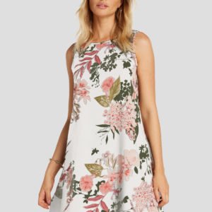 White Random Floral Print Round NeckDress