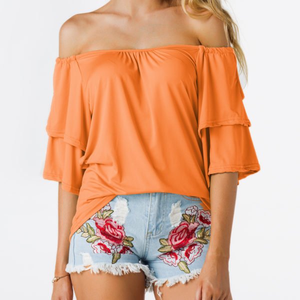 Orange Tiered Design Off The Shoulder Half Sleeves Summer Top 2