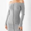 Grey Off The Shoulder Front Button Bodycon Dress 3