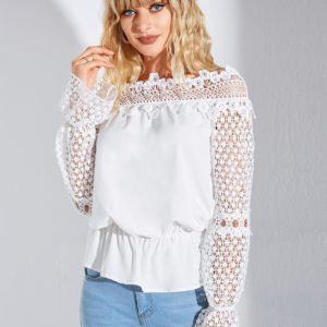 YOINS White Hollow Design Off The Shoulder Design Long Sleeves Blouse