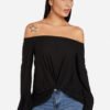 Black Knotted Front Design Plain Off The Shoulder Long Sleeves T-shirts 3