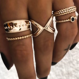 Gold Color Cross Pattern Black Rhinestone Ring Set